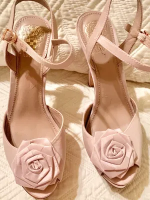 Vince Camuto Nude Pink Peep-Toe Platform Heels with Rose Floral Accent thumbnail 2