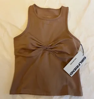 NWT Girlfriend Collective Quinn Tank Top Earth Brown Ruched Twist High Neck Sm thumbnail 1