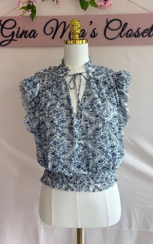 Miss Me Women's Small Blue Floral Ruffled Sleeveless Blouse thumbnail 1