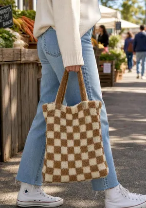 Free People Cozy Checkered Knit Tote Bag | Soft Fuzzy Neutral Bookbag Market thumbnail 1