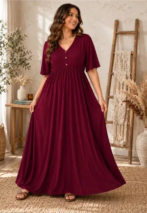 Allegrace 2XL Burgundy Maxi Dress Empire Waist Button Front Casual Boho thumbnail 1