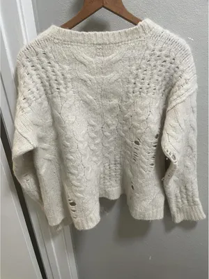 Free People Alpaca Blend Distressed Ivory Sweater Sz S thumbnail 3