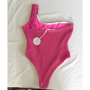 More‎ To Come One Shoulder Swimsuit L Hot Pink Ribbed Barbiecore Y2K Resort NEW thumbnail 3