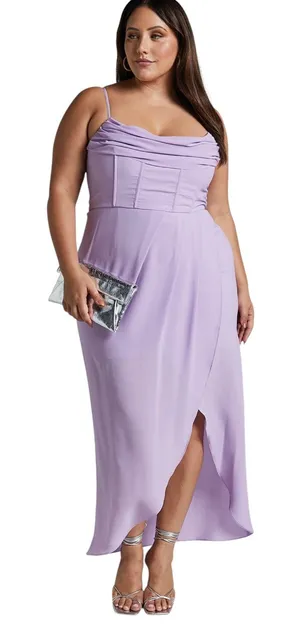 Showpo Andrina High Low Faux Wrap Corset Dress in Lilac size 16 NWT thumbnail 1