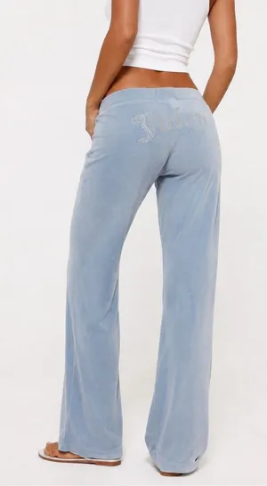 Juicy Couture Light Blue Rhinestone Logo Wide-Leg Velour Jeans thumbnail 1