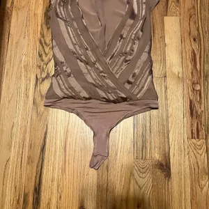 Bronze Shimmer Faux Wrap Bodysuit Plunge V-Neck Top Size S thumbnail 2