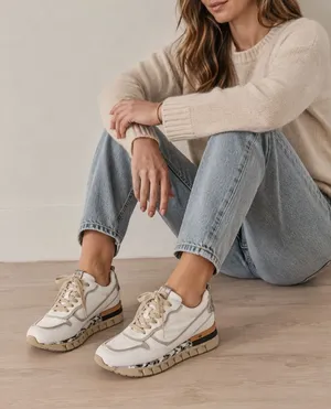 A.S.98 Women’s Leather Sneakers White Beige Silver Glitter Chunky thumbnail 1