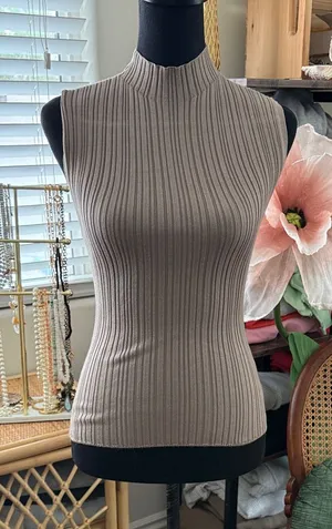 Abercrombie & Fitch Taupe Ribbed Mock Neck Preppy Bodycon Sleeveless Tank Top thumbnail 1