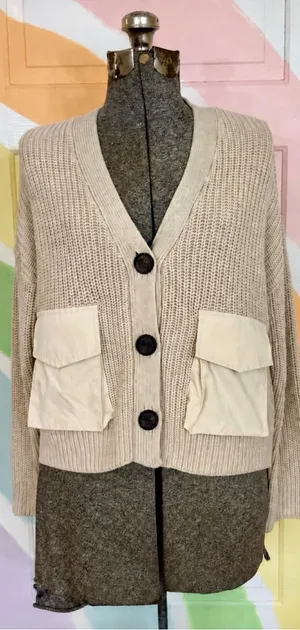 English Factory Cream Chunky Knit Utility Pocket V-Neck Cardigan XS 💛🍄 thumbnail 1