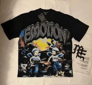 Mixed Emotion black graphic tee with rhinestones featuring three children with wings and guitars, size M thumbnail 1