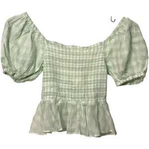 Aéropostale Gingham Puff Sleeve Tie Front Peplum Crop Top Green Size Small NWT thumbnail 4