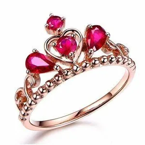 14K Rose Gold Plated Adjustable Red Crystal Ruby Crown Ring for Women thumbnail 1