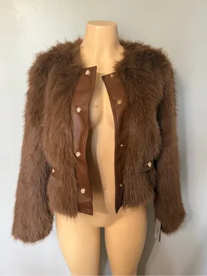 Brown Faux Fur Jacket with Leather Trim - Women's Coat thumbnail 1