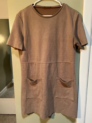 Zara Women's Size Large Short Sleeve Shift Dress Tan Brown Sweatshirt Crewneck thumbnail 2