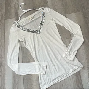 Abercrombie & Fitch Top sequin v neck long sleeve womens White (small) vintage thumbnail 1