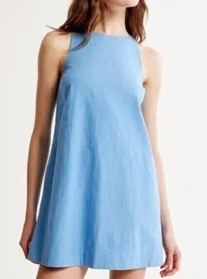 Abercrombie Light Blue High-Neck Linen-Blend Mini Dress Size Small thumbnail 1