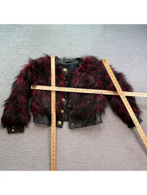 Balmain x H&M 2015 Red Black Faux Fur Leather Trim Cropped Jacket Women's US thumbnail 3