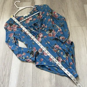 LoveShackFancy Floral Bodysuit v neck long sleeve womens Blue (small) feminine thumbnail 6