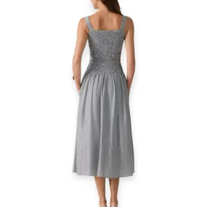 NWT OGL Striped Poplin Square Neck Smocked Midi Bra Dress Sz Medium Gray Stripe thumbnail 3