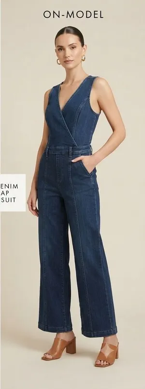 Guess‎ Jumpsuit Women Large Blue Denim Wrap Wide Leg Sleeveless V-Neck Casual thumbnail 1