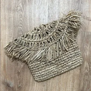 Woven Raffia‎ Straw Fringe Clutch Bag Tan Boho Summer Beach Zippered Handbag thumbnail 1