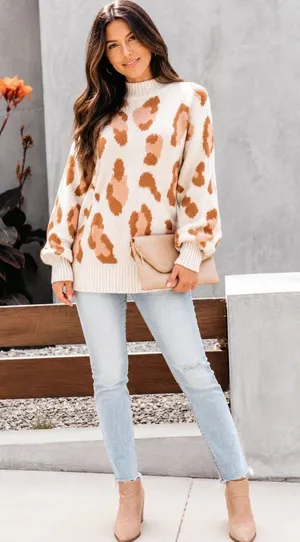 Leopard Print Knit Sweater Lantern Sleeve Pullover Cream Brown NWT Orange Size M thumbnail 1