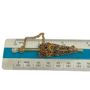 Vintage Umbrella Enamel Parasol Pin Brooch Gold Toned Damascene Pearl Handle thumbnail 10