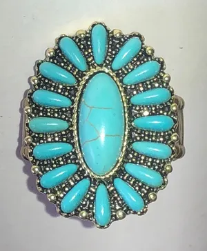 Antique Gold Tone Faux Turquoise Sunburst Statement Ring - Blue Stone thumbnail 1