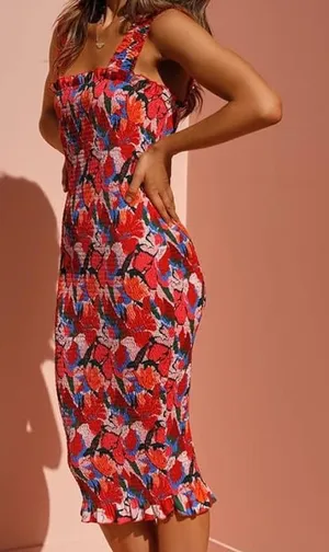 SNDYS Revolve Red Floral Smocked Midi Dress Bodycon Square Neck Ruffle thumbnail 1