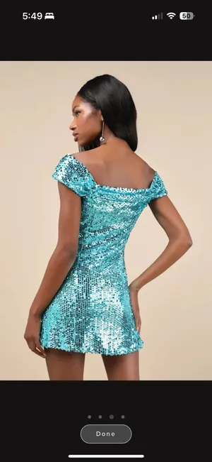 Glittering Nights Aqua Blue Sequin Off-the-Shoulder Mini Dress thumbnail 4