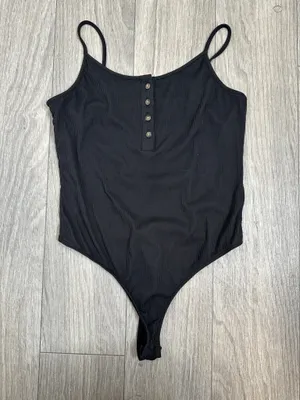 No Boundaries Black Ribbed Henley Bodysuit Size Medium Adjustable Strap thumbnail 1