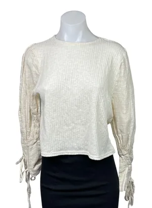 Zara Womens White Cream Ribbed Tie Long Sleeve Crew Cropped Sweater Top Size S thumbnail 1