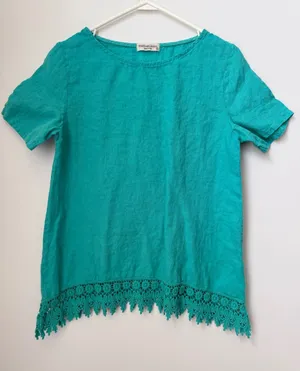 TERZO Millennio Short Sleeve Linen Top Crochet Trim Made In Italy Size Small thumbnail 1