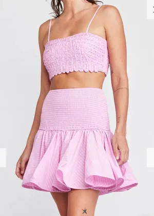 Self Contrast Pink Striped Smocked Ruffle Mini Skirt 100%‎ cotton Barbiecore NEW thumbnail 1