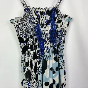Boutique Prestige Edge Y2K Black & Blue Printed‎ Smocked Bust Midi Dress S thumbnail 3
