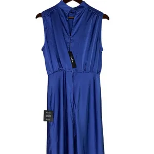 NWT Lulus Classic Elegance Satin Sleeveless Mock-Neck Slit Maxi Dress Large Blue thumbnail 7