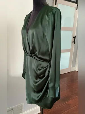 ZARA Emerald Green Satin Wrap-Style Long Sleeve Dress🌹 thumbnail 8