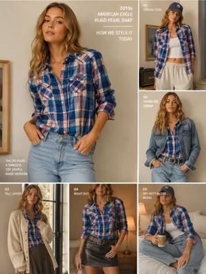 American Eagle Plaid Flannel Snap Button Front Shirt Blue Pink Women's Small thumbnail 2