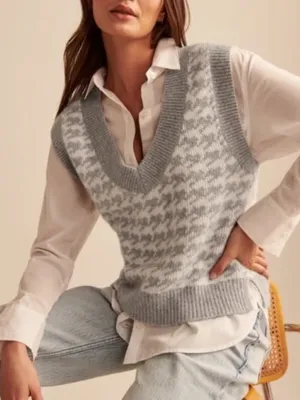 Abercrombie & Fitch Houndstooth V-Neck Sweater Vest Size Large Grey thumbnail 1