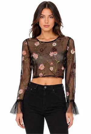 Ten Sixty Sherman NWOT Sheer Black Floral Embroidered Crop Top thumbnail 1