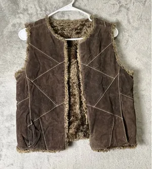 Vintage Y2K Brown Leather PatchWork Moto‎ Vest Grunge Boho Cozy Layered Jacket M thumbnail 1