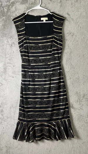 Erin Fetherston Black Gold Lace Stripe Ruffle Hem Sheath Dress Size 2 Classic thumbnail 1
