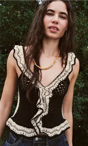 Zara Black Crochet Tank with Cream Ruffle Trim thumbnail 1