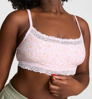 💐VS PINK Cotton Lace Trim Bralette & Cotton Cheeky Panty Petite Lilac Floral M thumbnail 1