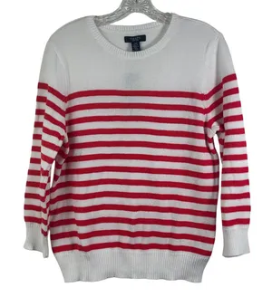 Chaps Womens White Red Striped Cotton Crew Neck Sweater Large thumbnail 1