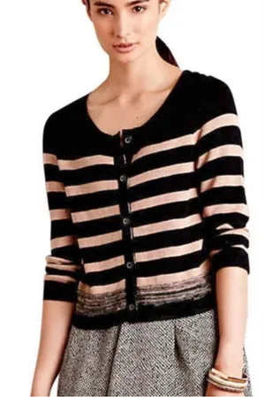 Anthropologie Moth Tan & Black Striped Cardigan Sweater Size Small thumbnail 1