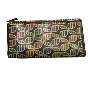 Fossil Leather Checkbook Wallet Brown‎ Retro Print Bifold thumbnail 2