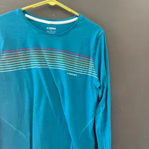 Brooks Womens Teal Blue Long Sleeve‎ Running Shirt Retro Stripe Graphic Large thumbnail 2