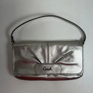Coach Small Ashley Baguette Clutch Metallic Silver Leather Pleated Logo Y2K thumbnail 2