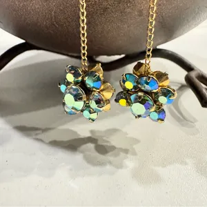 Gold Tone AB Crystal Drop Earrings | Vintage Style Chain Dangle Floral Cluster thumbnail 2